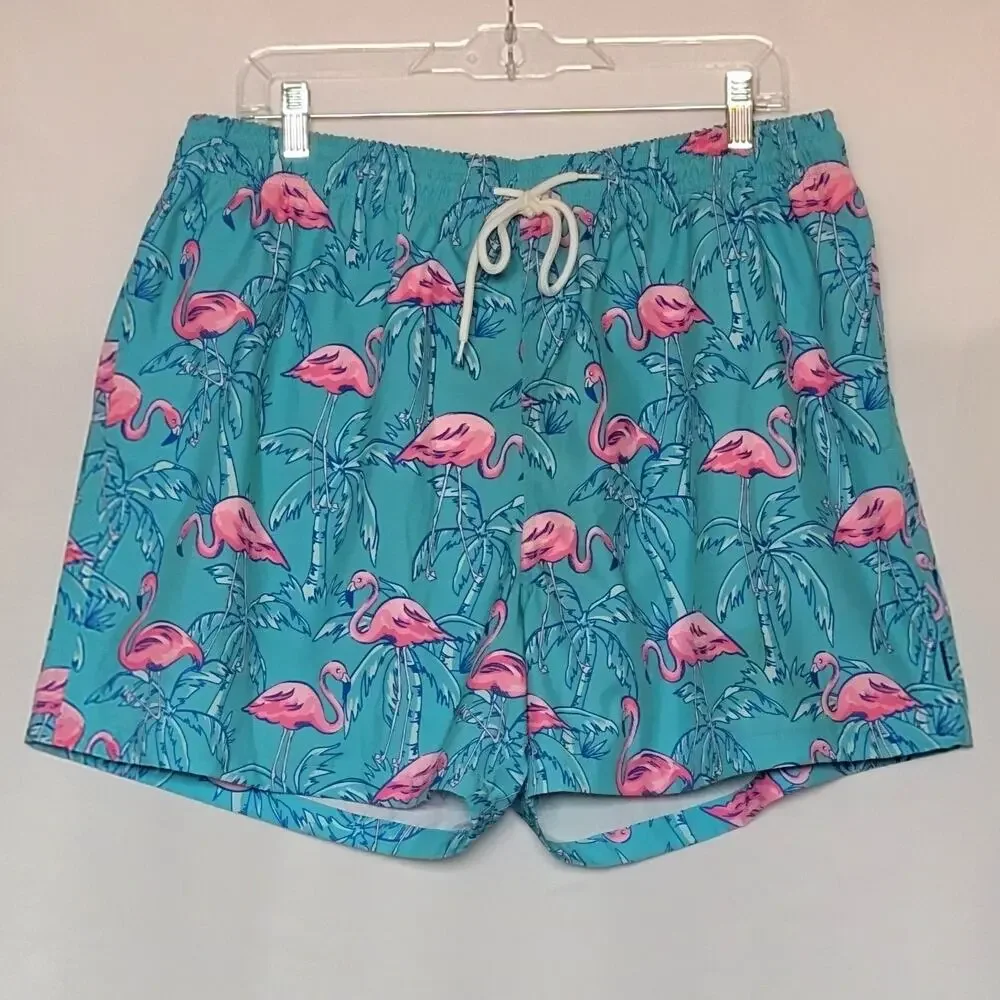 Hot Coals Mens Lined Board Shorts or Swim Trunks Tropical Teal Flamingos Sz: XL